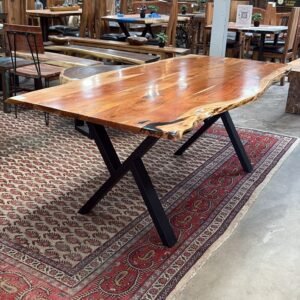 Live edge acacia dining table with metal k shape legs