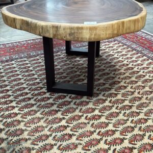 Live edge monkeypod coffee table with round slab surface