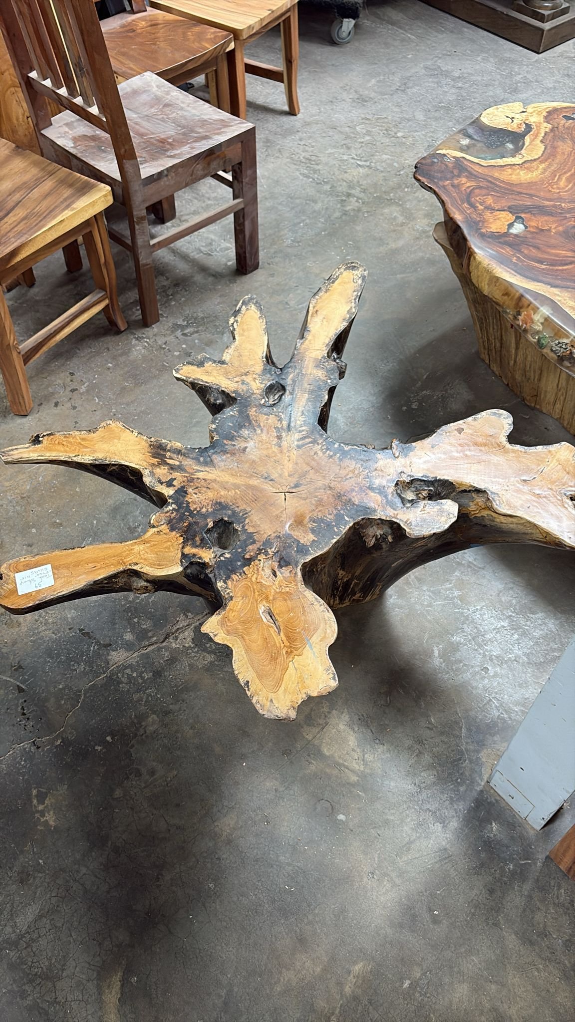 Teak stump coffee table with carved solid wood form - Image 2