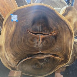 Live edge monkeypod table with round slab surface