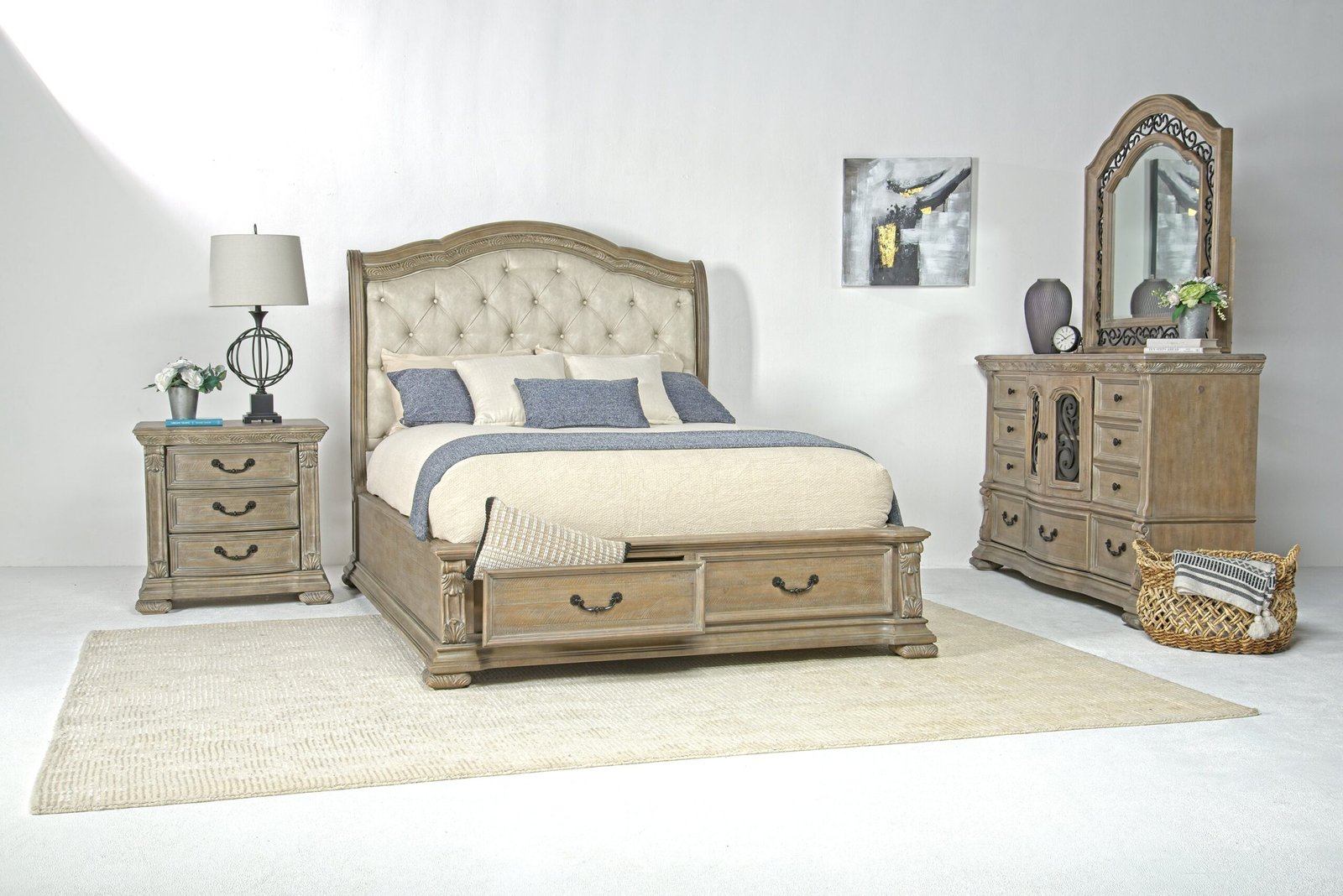 Sleigh Storage Bed with Dresser, Mirror and Nightstand Set