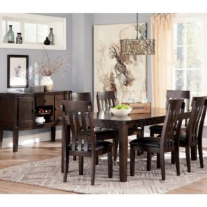 Rectangular Dining Table with Butterfly Leaf and Six Upholstered Chairs